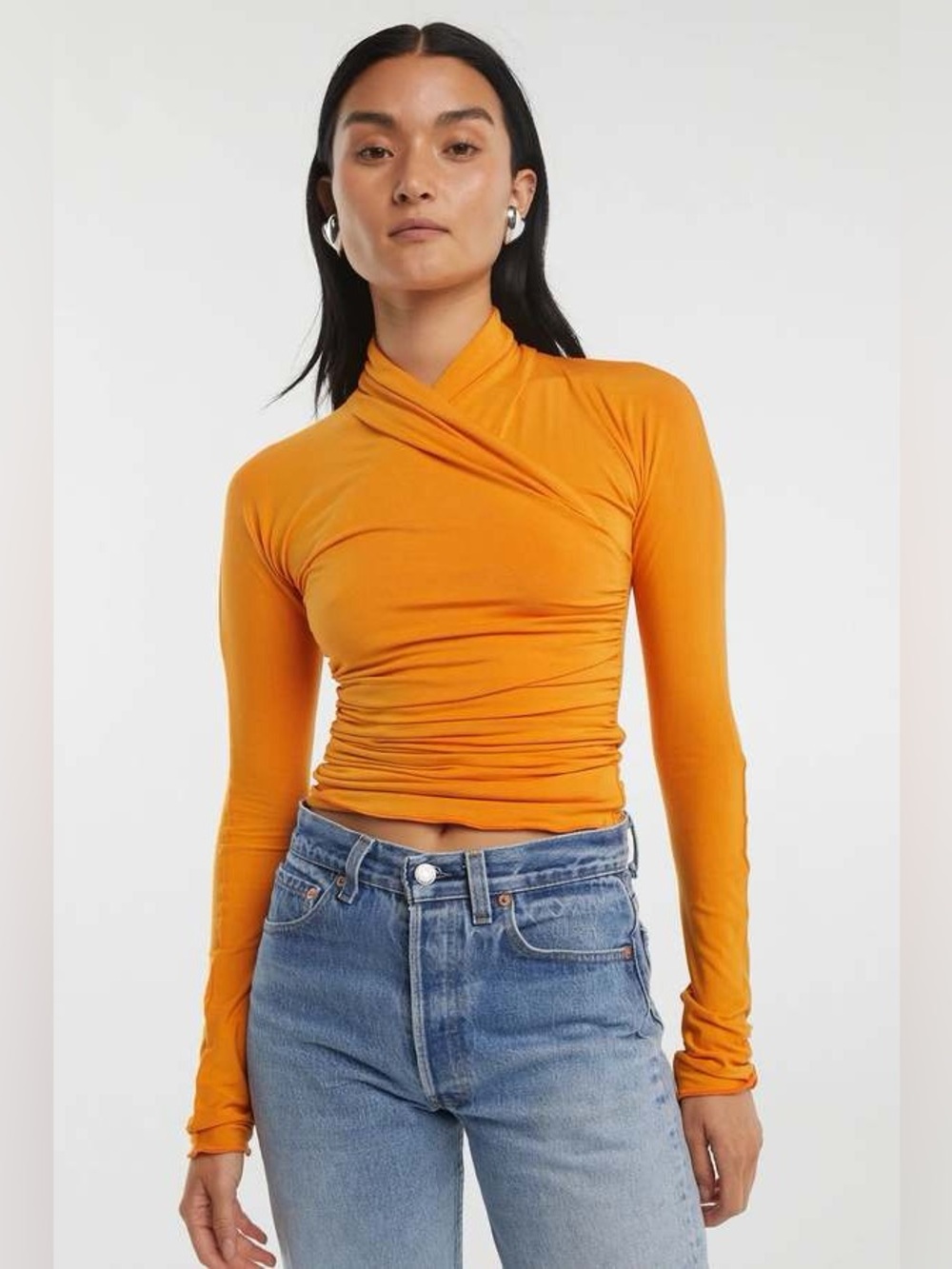 Line By K Felix Long-Sleeve Mock Neck Ruched Long Sleeve Top In Tangerine NWT